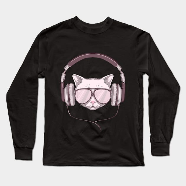 Cat with Sunglasses and Headphone Long Sleeve T-Shirt by Markus Schnabel